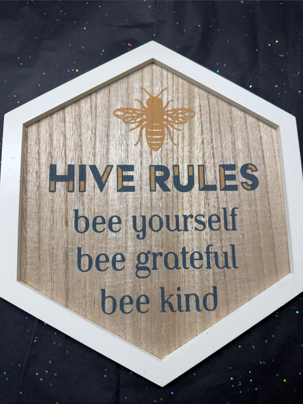 Hive Rules Bee Wall Decor Sign - White Frame, Gold Bee